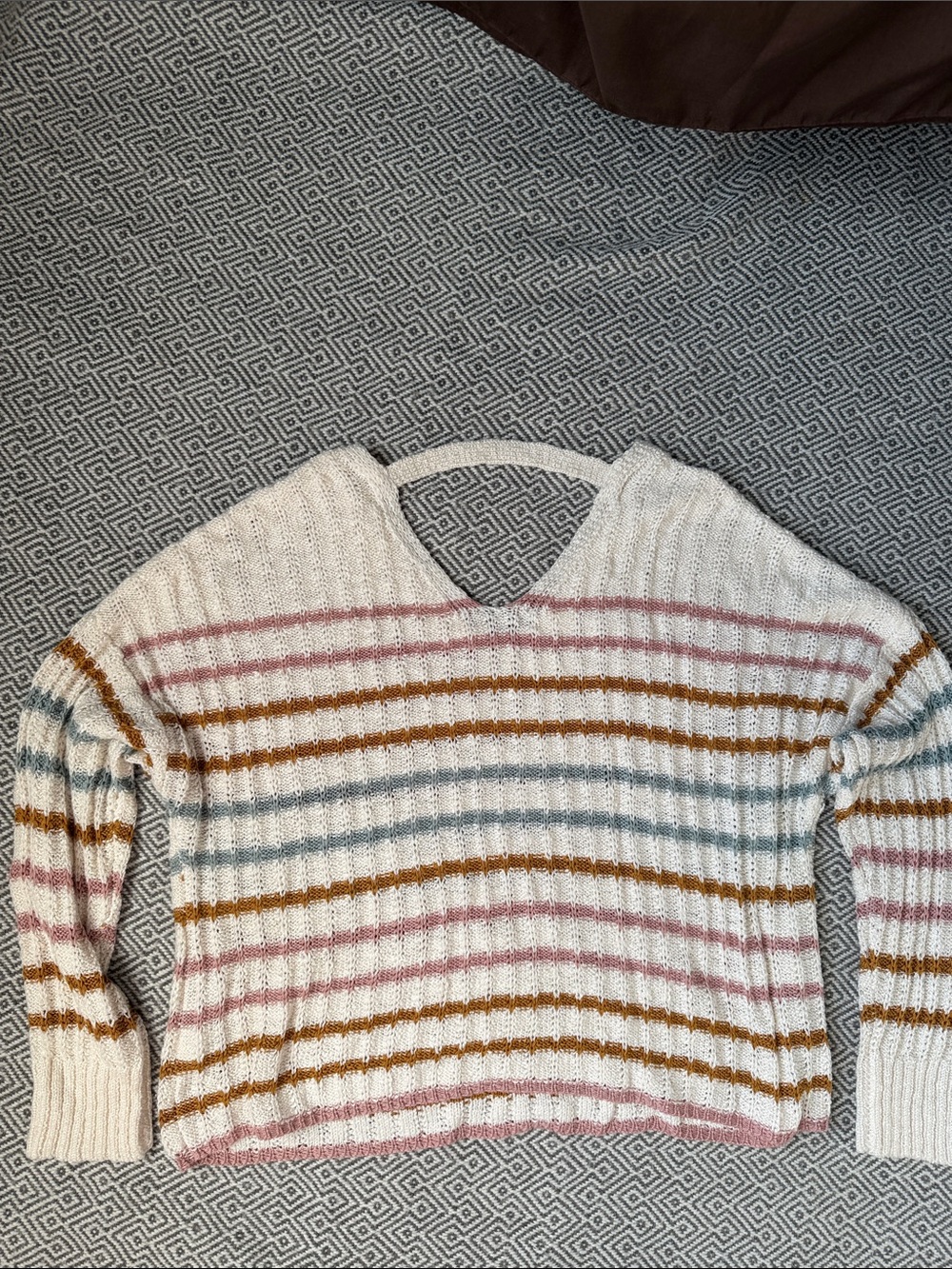 Kohl's Cream Sweater with Pink, Mustard and Light Blue Stripes - Picture 5 of 12